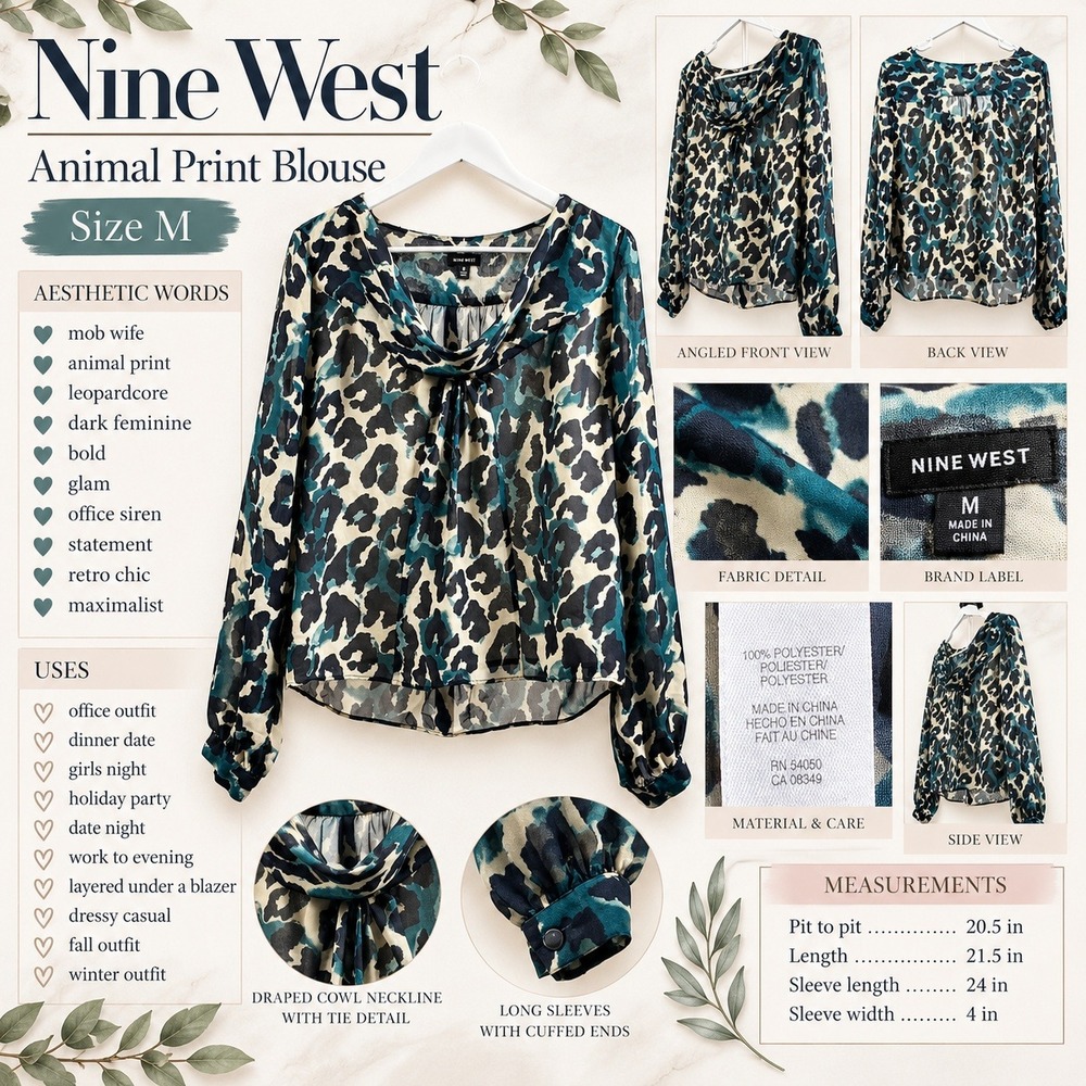 Nine West Teal Leopardcore Animal Print Cowl Neck Chiffon Blouse Medium Glam